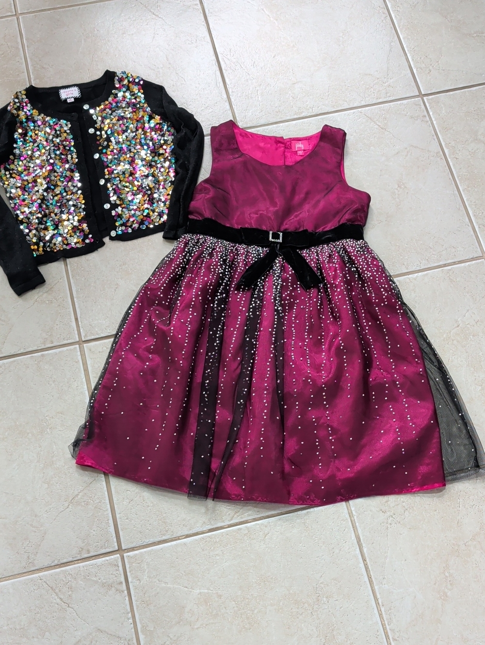 Pinky Fuchsia Party Holiday Dress with Black Sequin Cardigan Girls Size 12